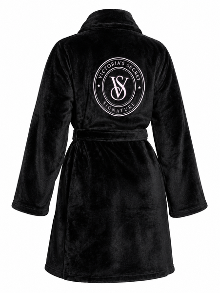 Плюшевий халат Victoria's Secret Black Logo Short Cozy Robe XS/S чорний з лого 667559805595 фото